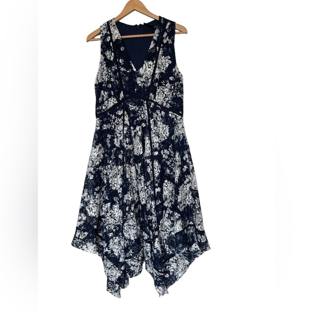 Just Taylor Fit and Flare Dress Women 12 Navy White Floral Lace Handkerchief Hem